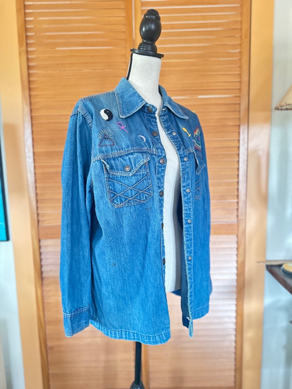 Vintage 70s Embroidered Denim Shirt Button Down Jacket: Hearts & Evil Eye